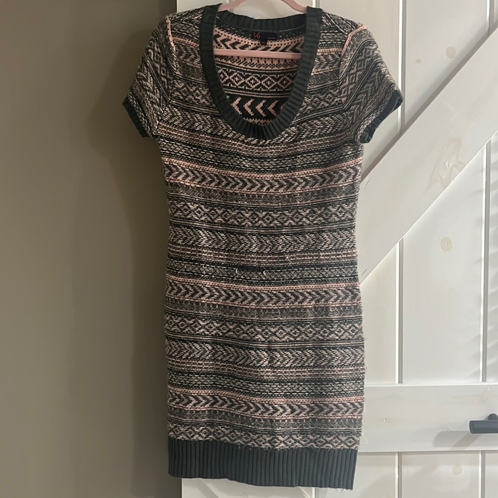 Grey and Pink Striped Sweater Dress